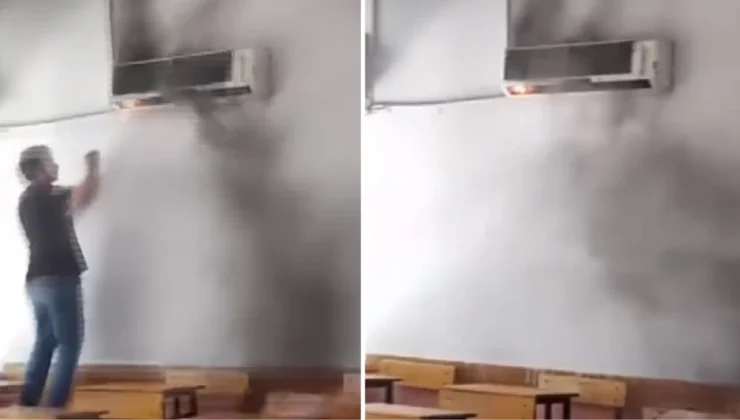 Öğrencilerle dolu sınıftaki klima alev alev yandı